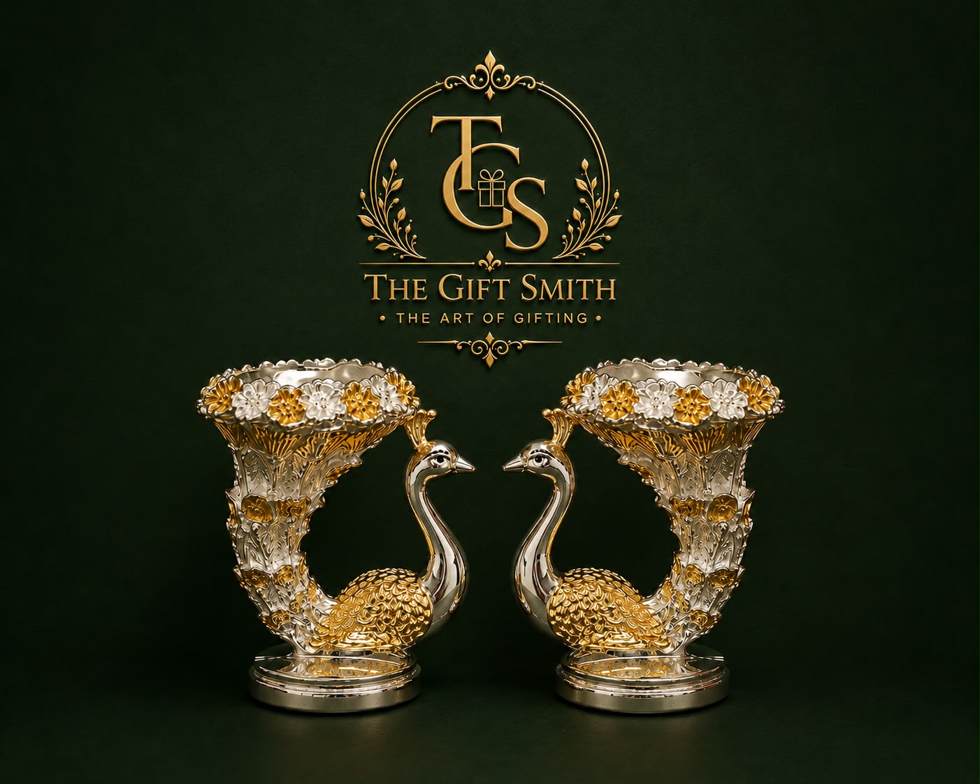 Dual Gold Silver Peacock Vases