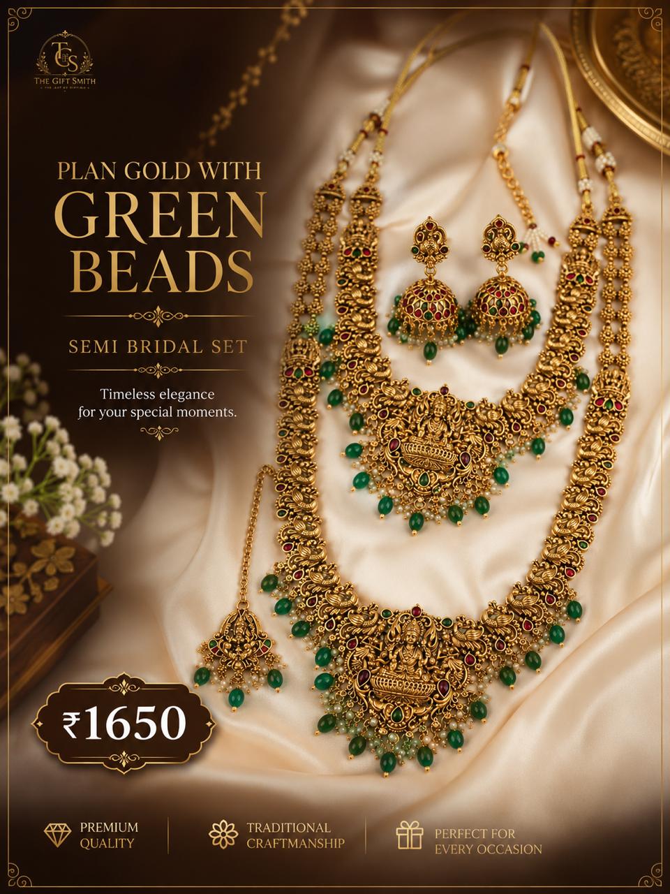 Plan Gold With Green Beads Semi Bridal Set