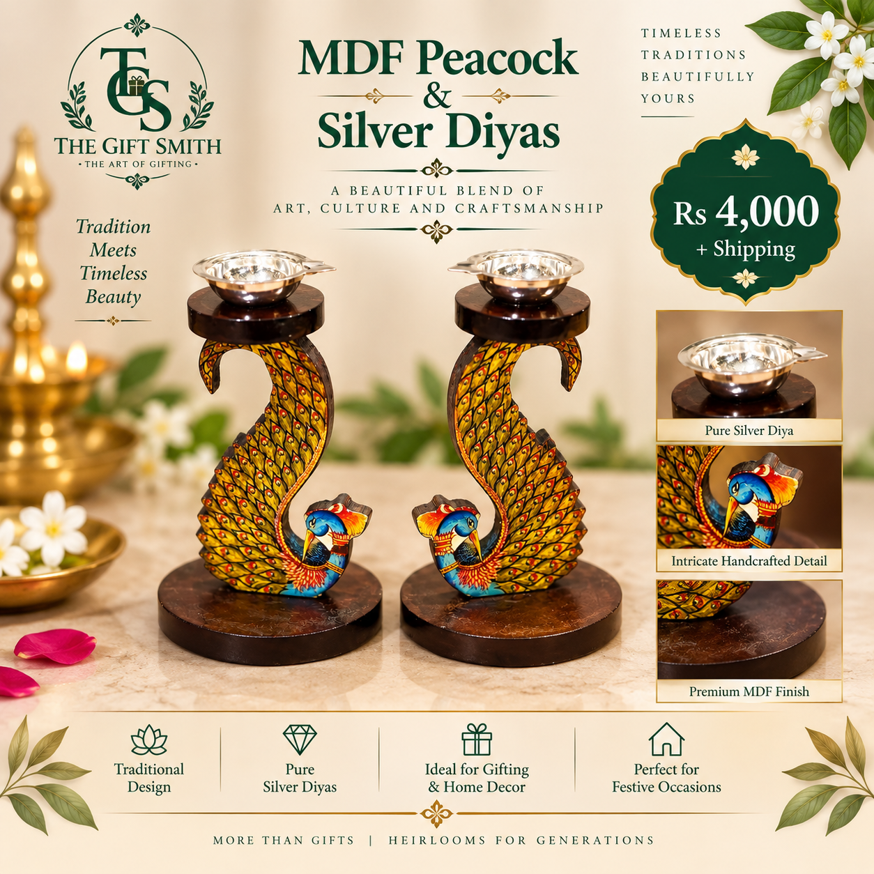 MDF Peacock & Silver Diyas