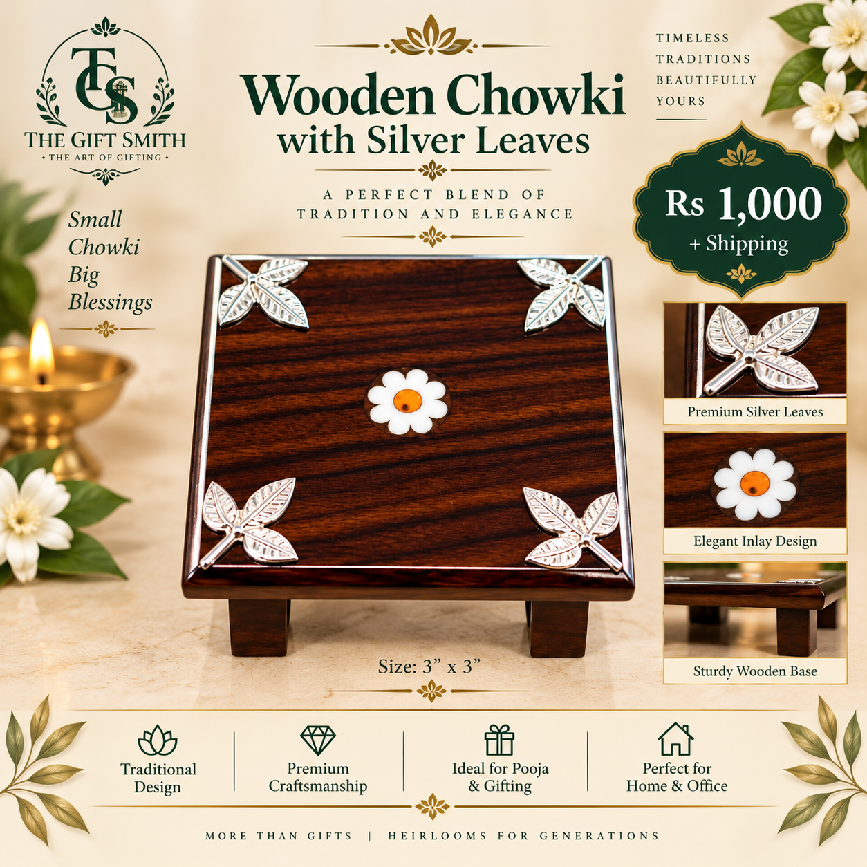 Wooden Chowki with Silver Leaves