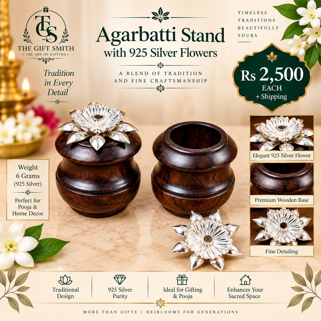 925 Silver Flower Agarbatti Stand