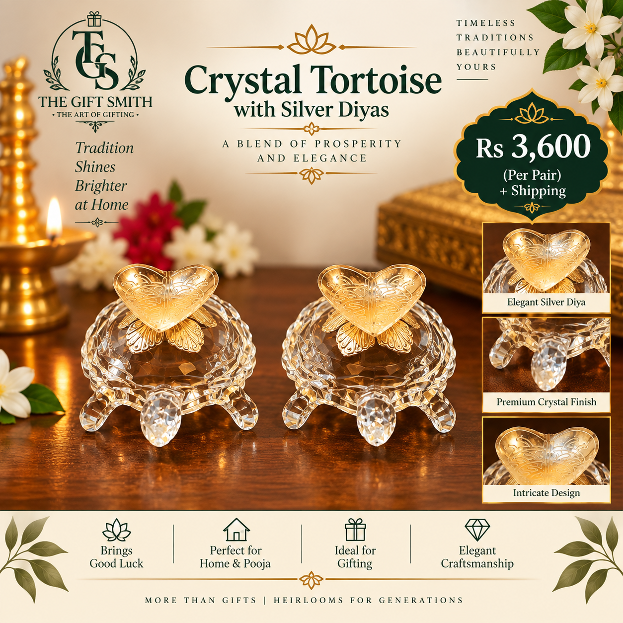 Crystal Tortoise with Silver Diyas