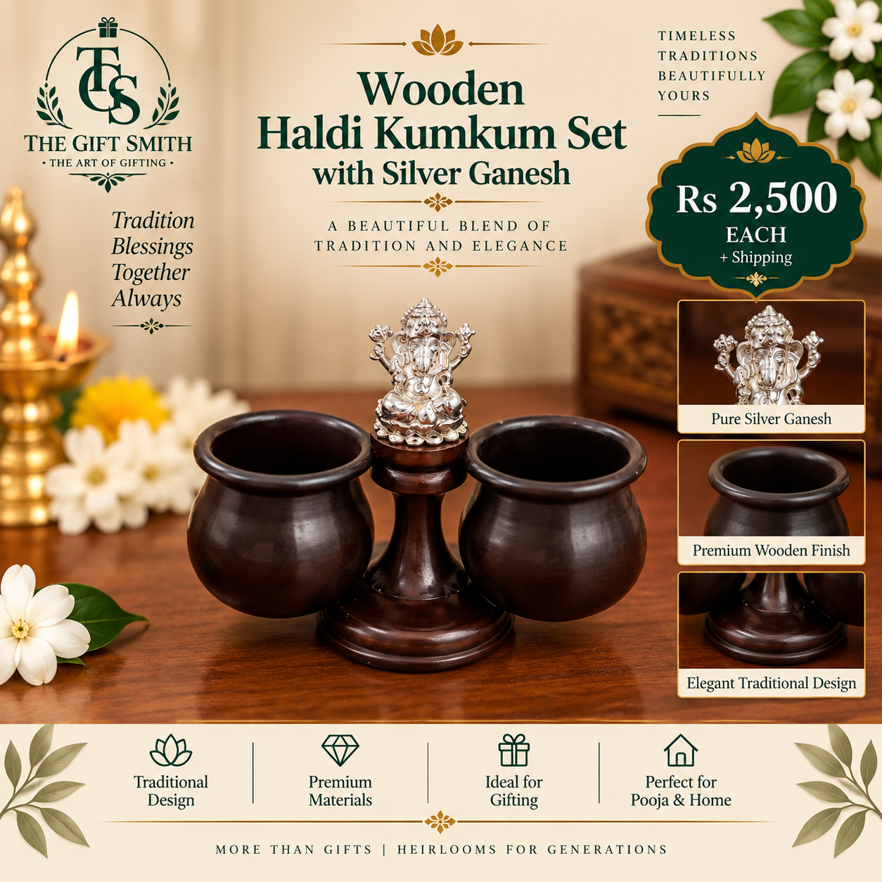 Wooden Haldi Kumkum Set with Silver Ganesh