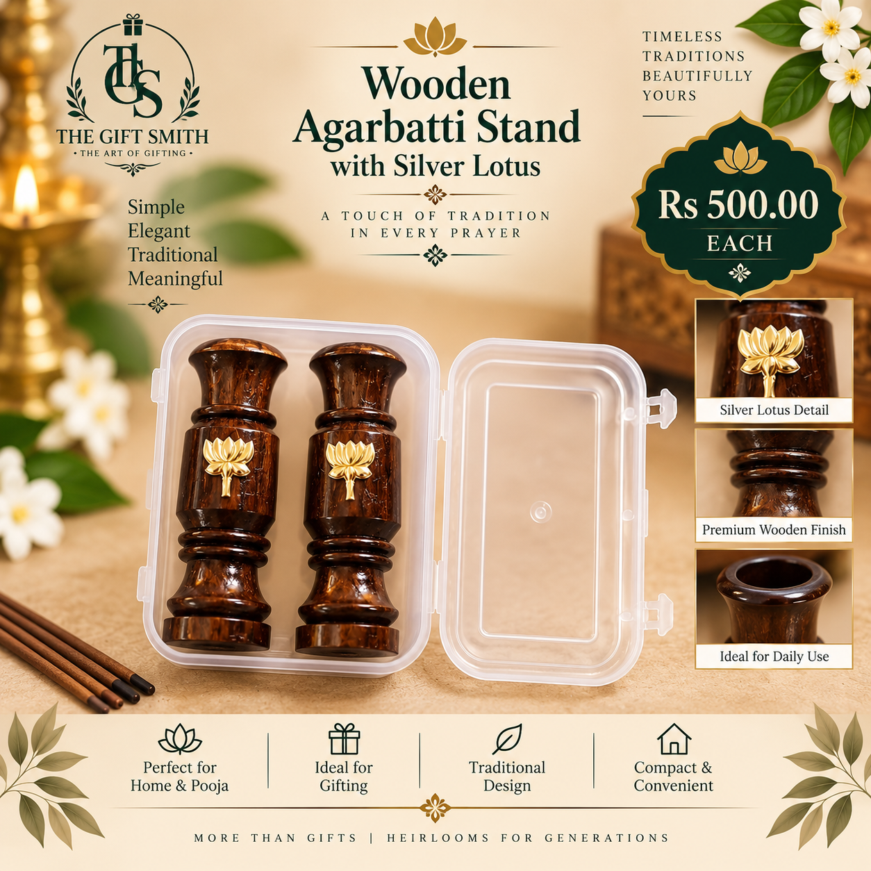 Wooden Agarbatti Stand with Silver Lotus