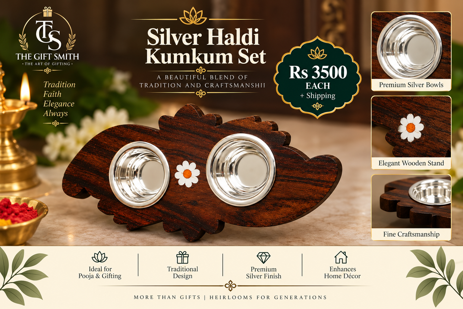 Silver Haldi Kumkum Set (Flower Inlay)