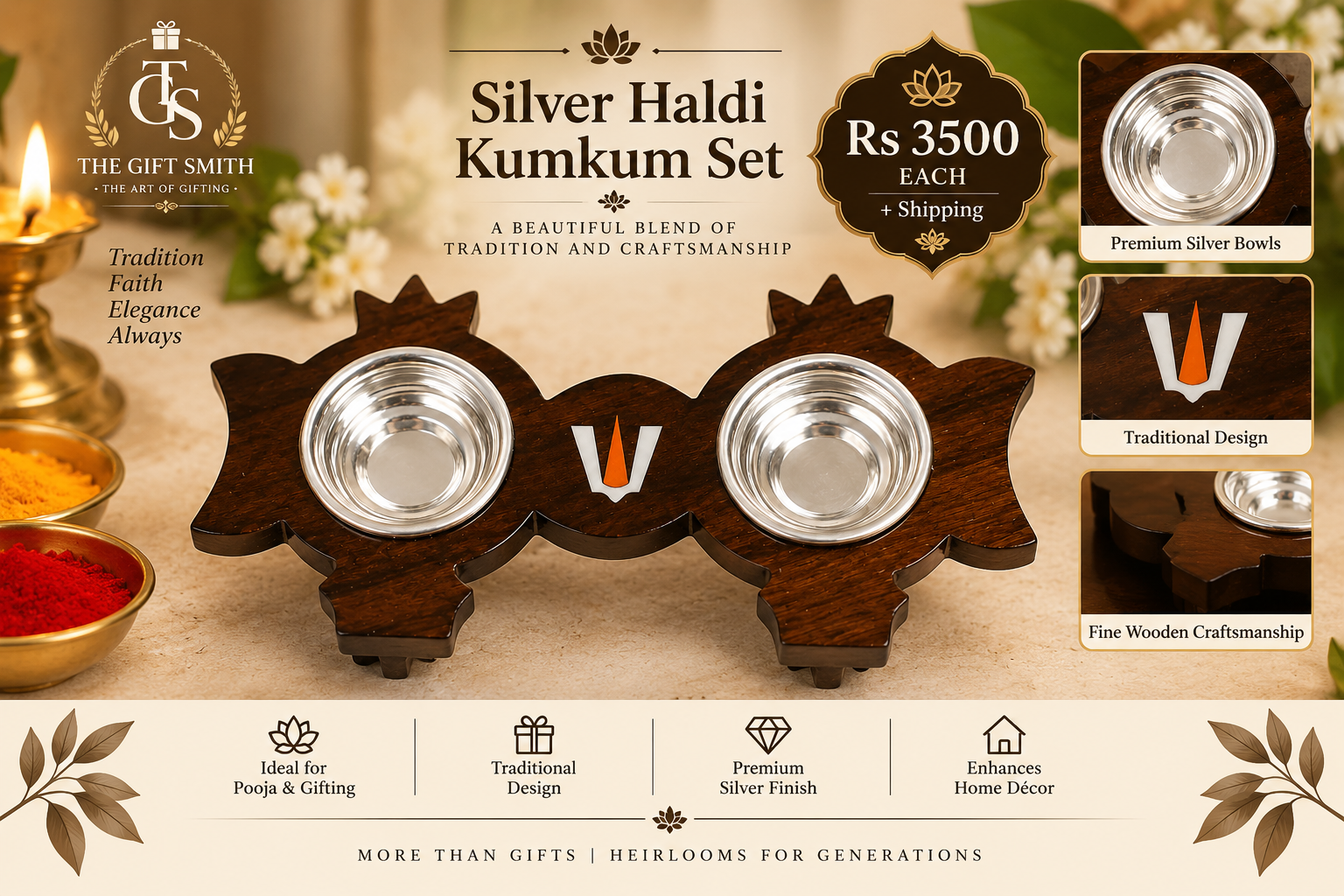 Silver Haldi Kumkum Set (Namam Inlay)