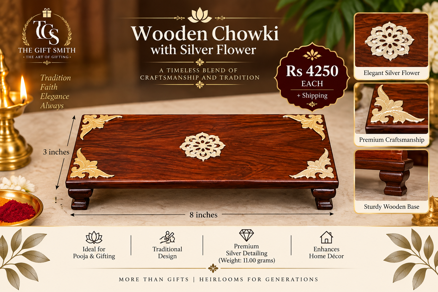 Wooden Chowki with Silver Flower