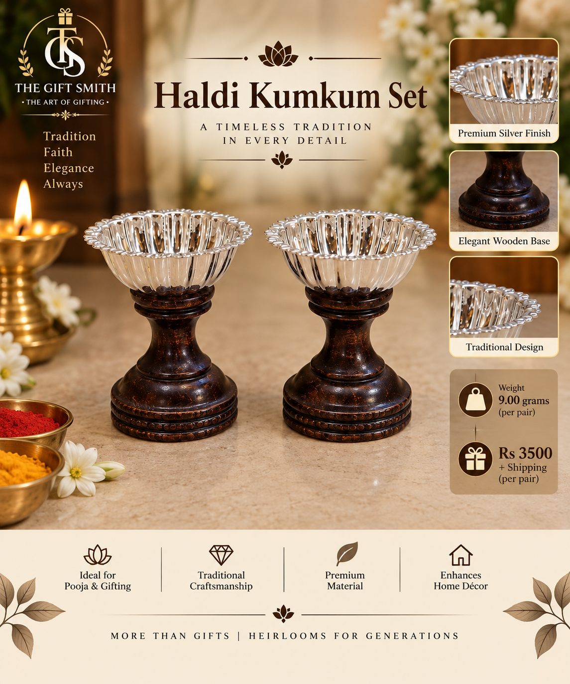 Silver Haldi Kumkum Set on Wooden Base