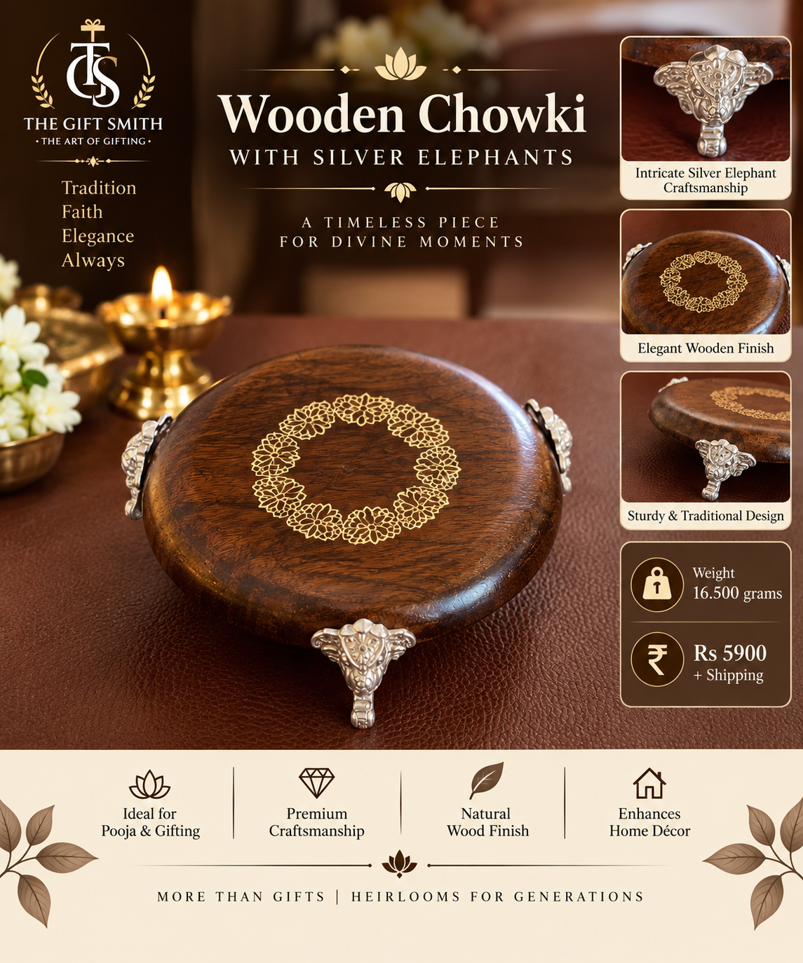 Wooden Chowki with Silver Elephants