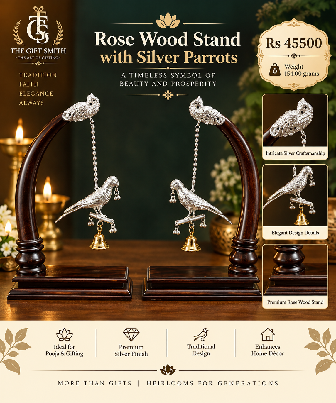 Rose Wood Stand with Silver Parrots