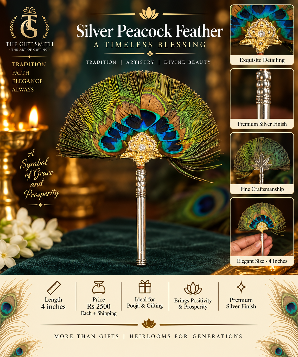 Silver Peacock Feather (Fan Style)