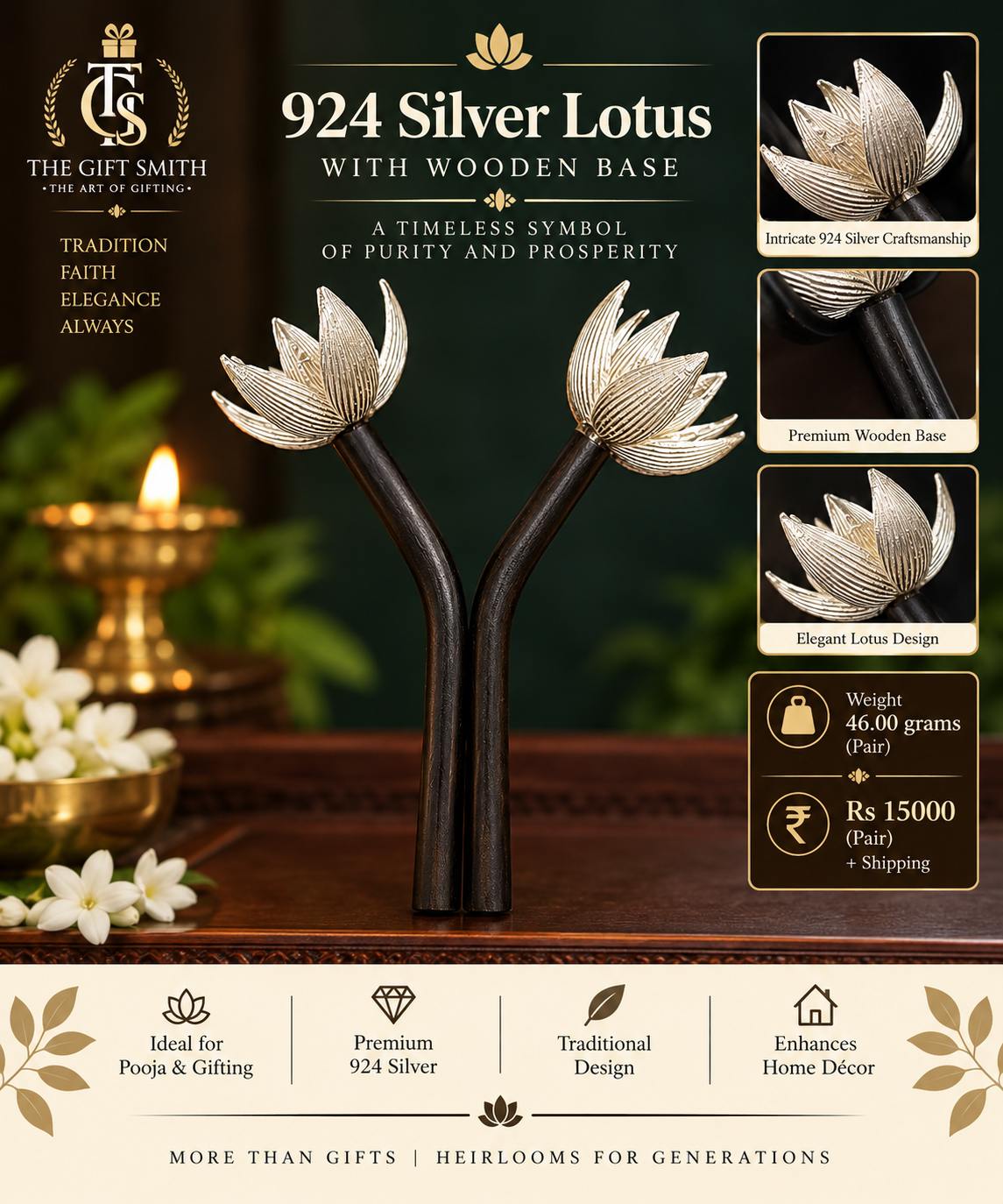 924 Silver Lotus with Wooden Base