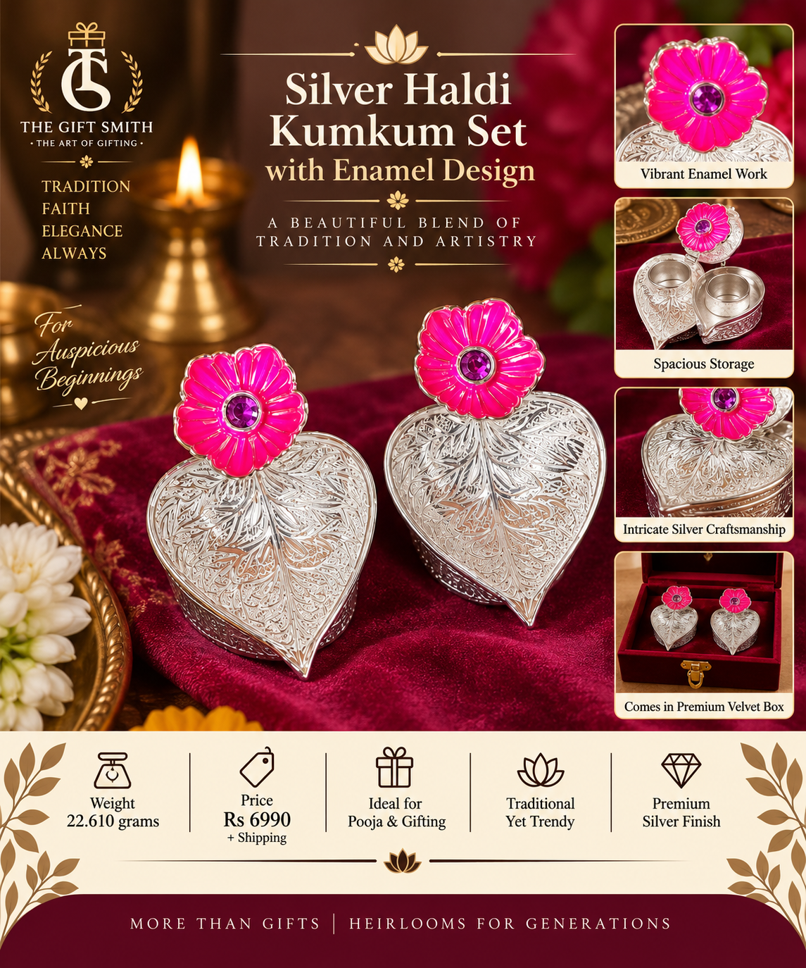 Silver Haldi Kumkum Set with Enamel