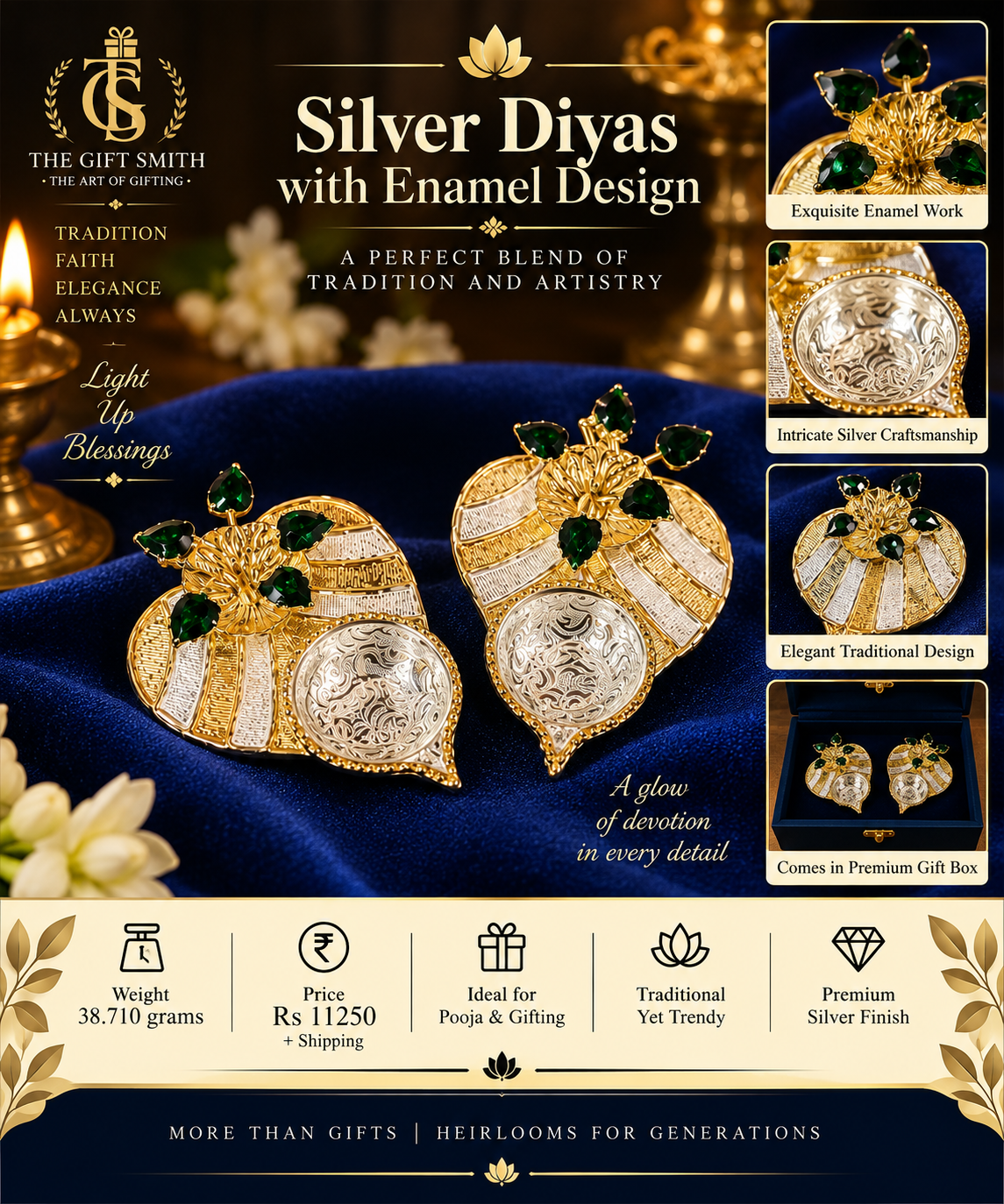 Silver Diyas with Enamel Design