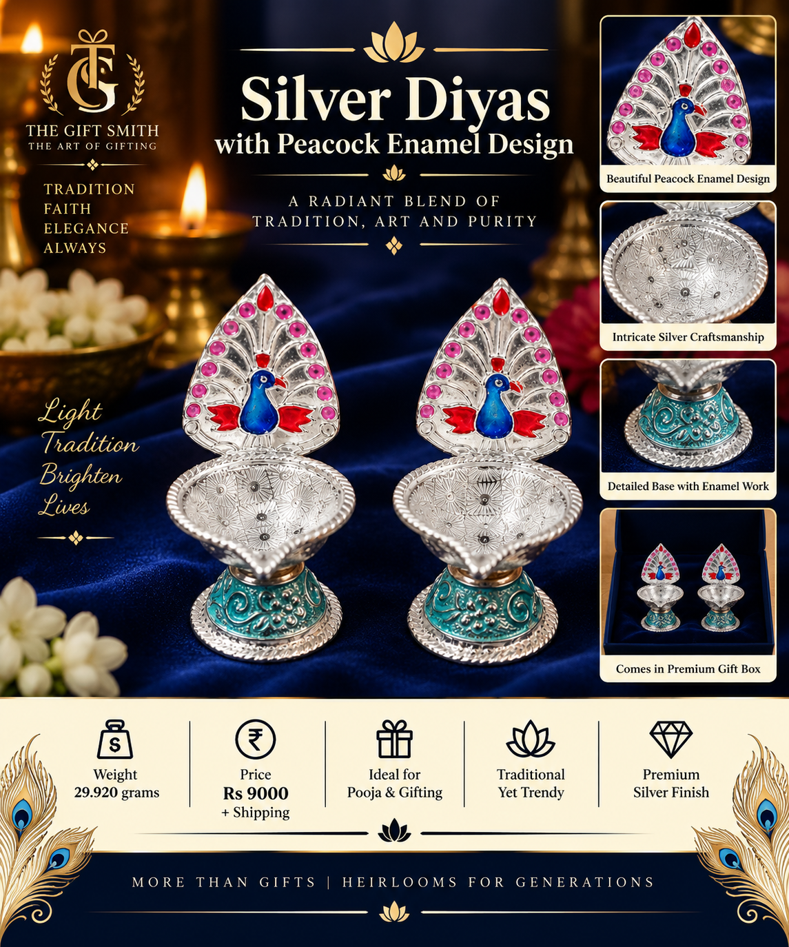 Silver Diyas with Peacock Enamel