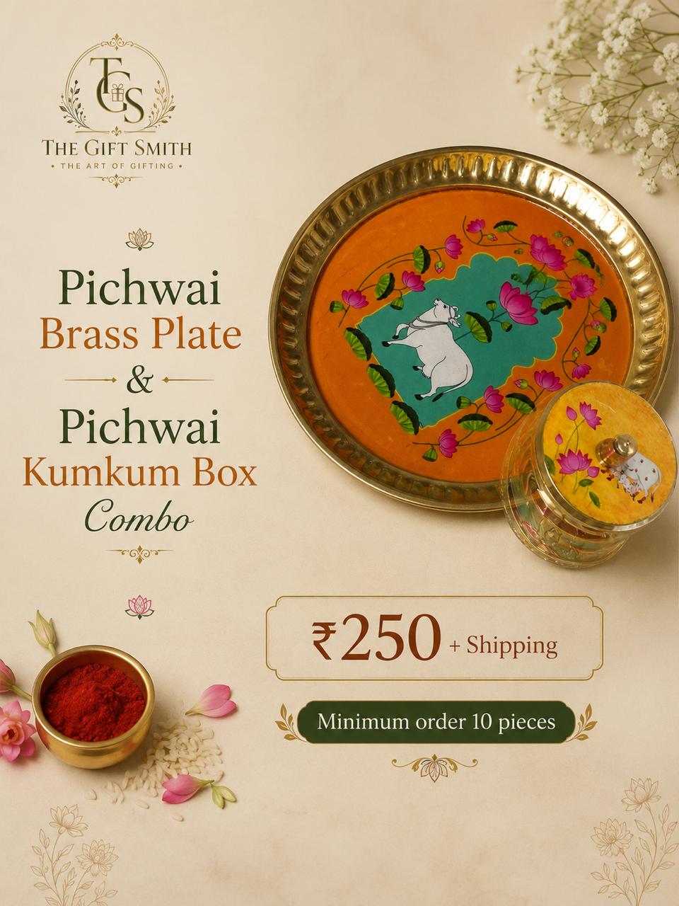 Pichwai Brass Plate & Kumkum Box Combo