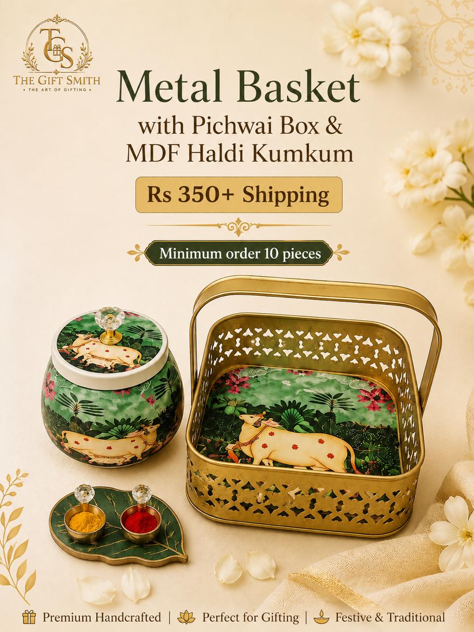 Metal Basket with Pichwai Box & MDF Haldi Kumkum