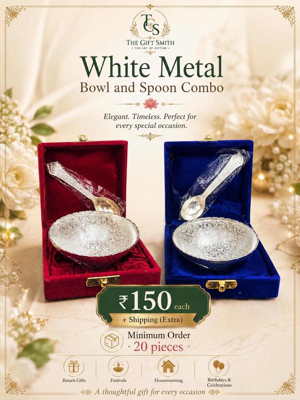 White Metal Bowl & Spoon Combo