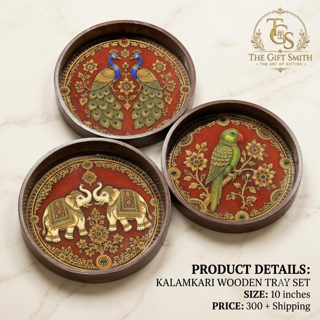 Kalamkari Wooden Tray Set